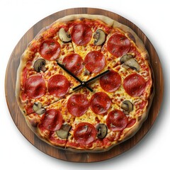 Canvas Print - top view of clock made on pizza on white background