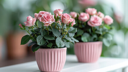 Wall Mural -  Potted pink rose bushes are blooming in pink pots on a white table