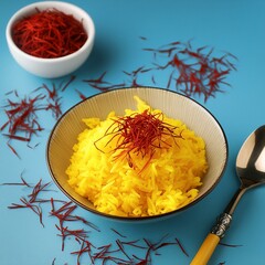 Wall Mural - Saffron rice on blue background