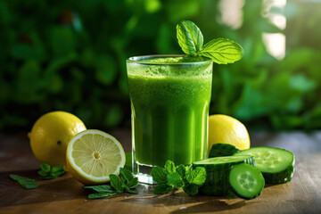 Wall Mural - A close-up image of a green smoothie with cucumber and lemon slices on a wooden table