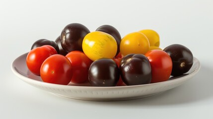 Wall Mural - Small black red and yellow tomatoes arranged on a plate against a white background