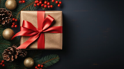 Wall Mural - A close-up image of a wrapped Christmas gift with a red ribbon and bow, surrounded by pine branches and red berries
