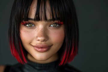 Wall Mural - Striking portrait of a young woman with bold red highlights in her dark hair