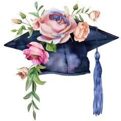 Wall Mural - A watercolor illustration of a graduation cap decorated with pink roses and green leaves. The cap is a dark blue with a blue tassel