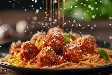 Delicious homemade spaghetti and meatballs with tomato sauce
