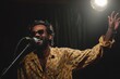 © CogniLens - Portrait of a content indian man in his 30s dancing and singing song in microphone over minimalist or empty room background