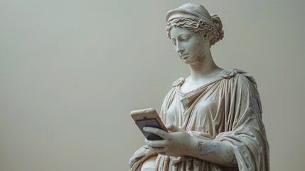 Poster - an ancient greek goddess sculpture, crafted from pristine marble, holds a smartphone delicately in o