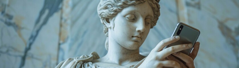 Poster - a classical marble statue of a greek goddess holds a smartphone in her hand, her attention captured 