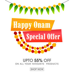 Wall Mural - happy onam sale poster design with special offer and floral garland decorated on png background.