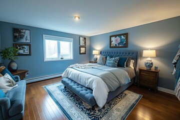Poster - A newly renovated bedroom with blue walls, fresh furniture, and stylish decor. The room features a comfortable bed, nightstands, and a plush armchair. Generative AI