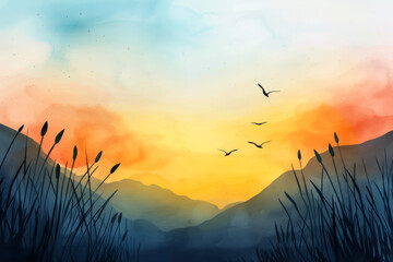 Poster - A serene watercolor landscape illustrates a beautiful sunrise over misty mountains, with birds soaring in the sky, symbolizing tranquility and new beginnings