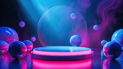 Wall Mural - Futuristic neon podium stage with floating spheres, ideal for high-tech events and sci-fi presentations