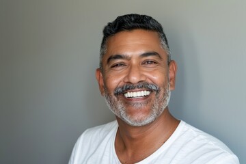 Wall Mural - Portrait of a joyful indian man in his 40s smiling at the camera while standing against minimalist or empty room background