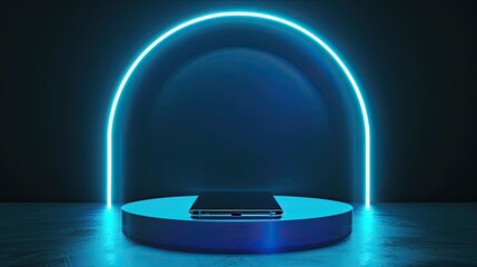 Minimalist blue neon podium stage with a glowing base, suitable for futuristic and modern displays