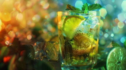 Poster - A vibrant and abstract holographic illustration of a refreshing mojito cocktail, featuring vivid colors and futuristic elements