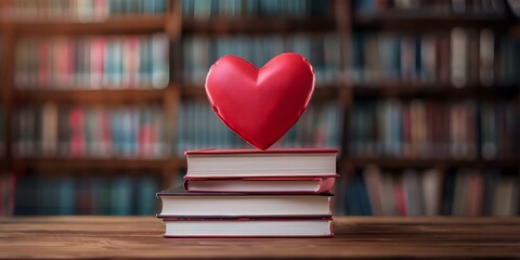 Heartshaped book stack on desk in library symbolizing love for literature. Concept Literature Love, Heartshaped Books, Library Aesthetics, Book Stack Photography, Desk Decor Inspiration