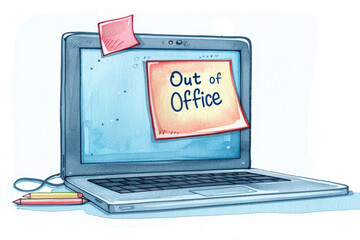 Illustration of a laptop with an 'Out of Office' sticky note on the screen, symbolizing absence from work or workplace closure.