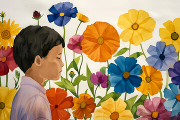 Canvas Print - Asian boy in a field of colorful flowers, representing peace and mindfulness, perfect for illustrating concepts of meditation and nature-related holidays