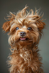 Wall Mural - A messyhaired small brown dog gazes at the camera