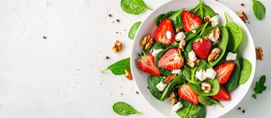 Poster - Strawberry salad. Spinach leaves, sliced strawberries, nuts, feta cheese on white background. Healthy food concept. Flat lay, top view. with copy space image. Place for adding text or design