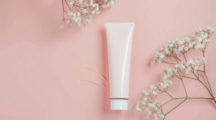 Wall Mural - Light pastel color background with cosmetic tube showcasing natural beauty and minimal styling for beauty branding and skincare advertising