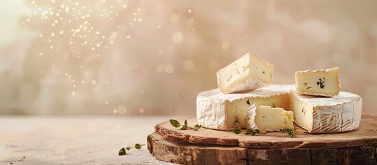 Poster - edam parmesan and brie cheese on wooden platter over wooden table pastel background. with copy space image. Place for adding text or design