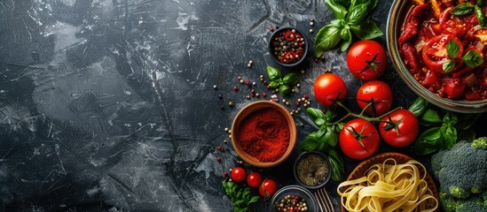 Wall Mural - vegetables and spices for tomato sauce,pasta tagliatelle with tomatoes on dark background, top view. Copy space image. Place for adding text or design