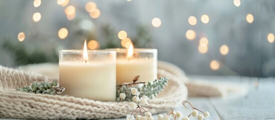 Poster - Handmade soy candles of unique design. Hygge Scandinavian style concept withcandles. Relaxation atmosphere. Lifestyle blog concept. Style modern minimal. Selective focus. with copy space image