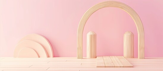 Poster - Wooden children's, round, arch with square columns, Isolated on pastel background. with copy space image. Place for adding text or design