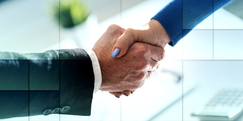 Poster - Business agreement with handshake, geometric pattern