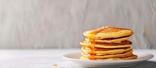 Aufkleber - Stack of Golden Brown Pancakes on a White Plate for Breakfast or Brunch pastel background. with copy space image. Place for adding text or design