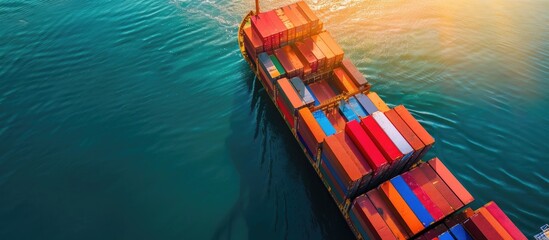 Poster - Container ship in export and import business and logistics. Shipping cargo to harbor by crane. Water transport International. Aerial view. Copy space image. Place for adding text or design