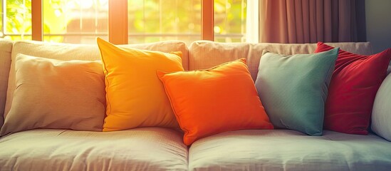 Aufkleber - Pillow and Sofa decoration in luxury livingroom interior - Filter effect. with copy space image. Place for adding text or design