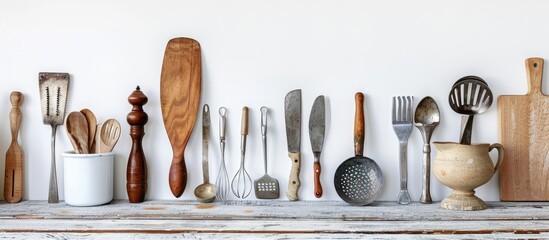 Poster - Counters with different utensils near white wall in kitchen. with copy space image. Place for adding text or design