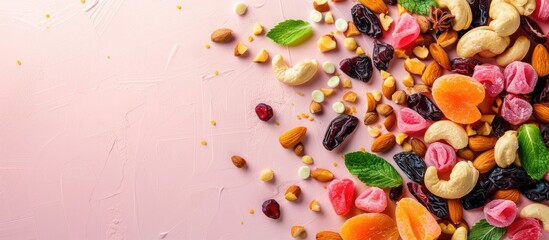 Fototapete - High angle view of candied nuts and dried fruits on a pastel background. with copy space image. Place for adding text or design