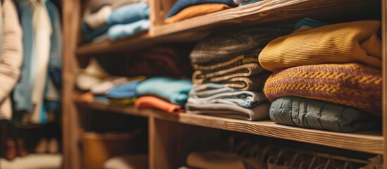 Poster - Open wardrobe with lots of folded clothes, organized closet with piled up clothes modern and clean interior of luxury home closeup. with copy space image. Place for adding text or design