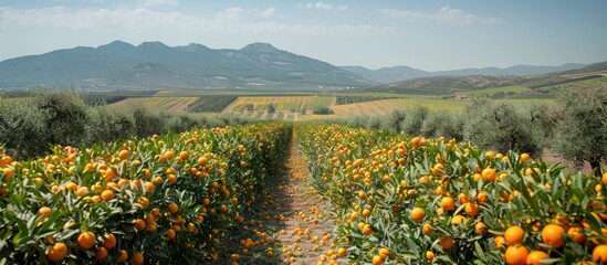 Fototapete - Orange field in full production in Almenar, Valencian Community. with copy space image. Place for adding text or design