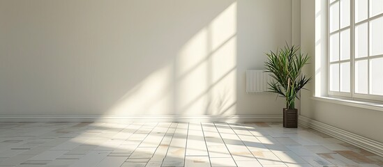 Canvas Print - Empty room with wooden baseboards with white ceramic flooring, aluminum radiator and ceiling fan. with copy space image. Place for adding text or design