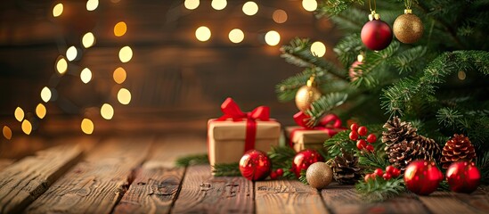 Aufkleber - Christmas or New Year still life with Gift Boxes  and baubles below Christmas Tree on a wooden table. Festive concept. with copy space image. Place for adding text or design