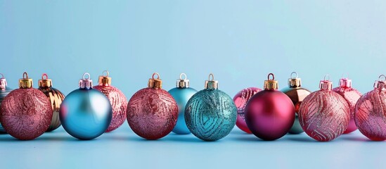 Wall Mural - Photo of Christmas decorations. Christmas balls. Colorful decorations. with copy space image. Place for adding text or design