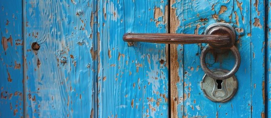 Poster - Metal handle and keyhole of blue entrance door. with copy space image. Place for adding text or design