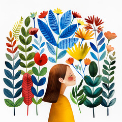 Wall Mural - A serene illustration of a woman surrounded by colorful vibrant flowers, symbolizing mindfulness and the beauty of nature, perfect for World Mental Health Day