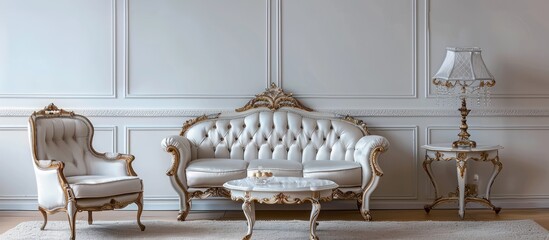 Aufkleber - Interior design with luxurious vintage style sofa, armchair and table. with copy space image. Place for adding text or design