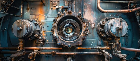 Poster - Parts of the built-in automatic gas boiler in the house, view from the inside. with copy space image. Place for adding text or design