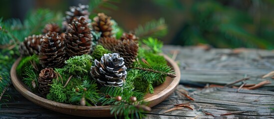 Poster - Christmas decoration using natural dried moss.Holiday season. Concept of no waste. with copy space image. Place for adding text or design