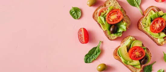 Aufkleber - Toast sandwiches with avocado, tomatoes and olives. Isolated on pastel background. Top view. with copy space image. Place for adding text or design