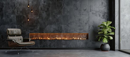 Poster - Chair room, wall, plant and fireplace, decorative modern interior style. with copy space image. Place for adding text or design
