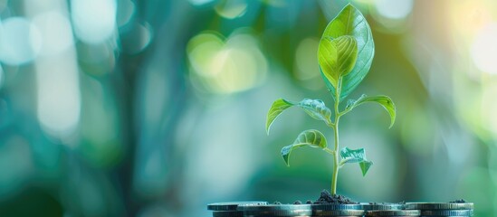 Poster - green seed growth on coins stack with white background. money saving. business investment successful growing concept. Copy space image. Place for adding text or design