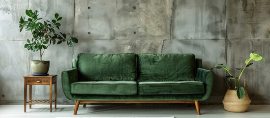 Poster - Interior of living room loft style with green fabric sofa, wooden side table with concrete wall on concrete white floor. with copy space image. Place for adding text or design