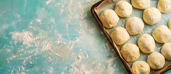 Poster - pizza dough rolls on baking tray pastel background Tray. with copy space image. Place for adding text or design